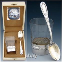 Antique French Sterling Silver & Cut Glass Aperitif Cup & Spoon Set, Orig Box
