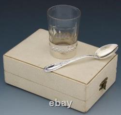 Antique French Sterling Silver & Cut Glass Aperitif Cup & Spoon Set, Orig Box