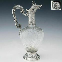 Antique French Sterling Silver Cut Glass Tall Claret Jug Wine Decanter Ewer