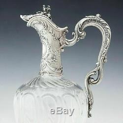 Antique French Sterling Silver Cut Glass Tall Claret Jug Wine Decanter Ewer