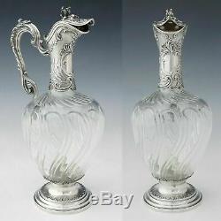 Antique French Sterling Silver Cut Glass Tall Claret Jug Wine Decanter Ewer