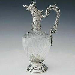 Antique French Sterling Silver Cut Glass Tall Claret Jug Wine Decanter Ewer