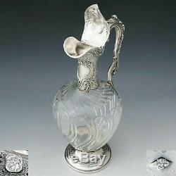 Antique French Sterling Silver Cut Glass Tall Claret Jug Wine Decanter Ewer