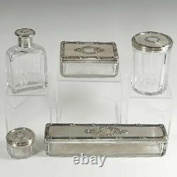 Antique French Sterling Silver & Cut Glass Vanity Set Perfume Bottle Powder Jars