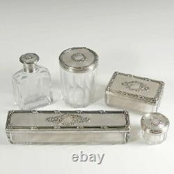 Antique French Sterling Silver & Cut Glass Vanity Set Perfume Bottle Powder Jars