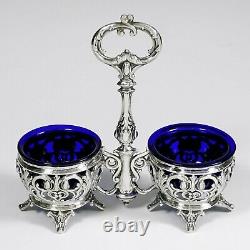 Antique French Sterling Silver Double Open Salt Cellar, Cobalt Blue Glass Liners