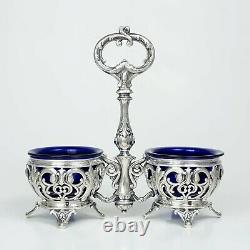 Antique French Sterling Silver Double Open Salt Cellar, Cobalt Blue Glass Liners