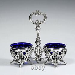 Antique French Sterling Silver Double Open Salt Cellar, Cobalt Blue Glass Liners