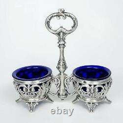 Antique French Sterling Silver Double Open Salt Cellar, Cobalt Blue Glass Liners