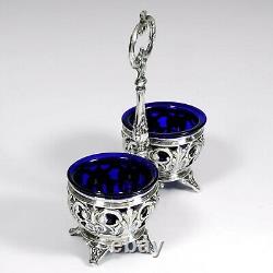 Antique French Sterling Silver Double Open Salt Cellar, Cobalt Blue Glass Liners