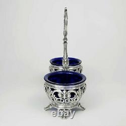 Antique French Sterling Silver Double Open Salt Cellar, Cobalt Blue Glass Liners