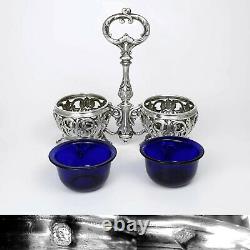 Antique French Sterling Silver Double Open Salt Cellar, Cobalt Blue Glass Liners