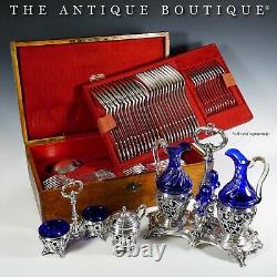 Antique French Sterling Silver Double Open Salt Cellar, Cobalt Blue Glass Liners