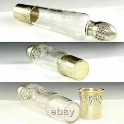 Antique French Sterling Silver Engraved Glass Liquor Flask Opera Carriage Bottle