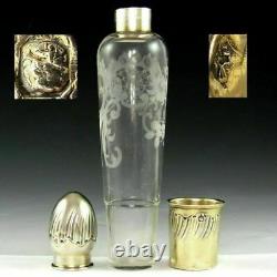 Antique French Sterling Silver Engraved Glass Liquor Flask Opera Carriage Bottle