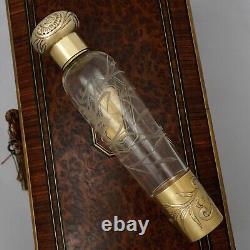 Antique French Sterling Silver Gilt Vermeil Glass Liquor Flask Perfume Bottle
