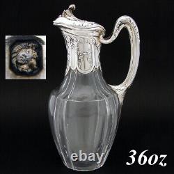 Antique French Sterling Silver & Glass 36oz Wine or Claret Jug, Laurel, Acanthus