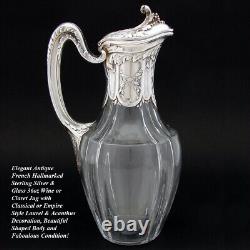 Antique French Sterling Silver & Glass 36oz Wine or Claret Jug, Laurel, Acanthus