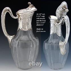 Antique French Sterling Silver & Glass 36oz Wine or Claret Jug, Laurel, Acanthus