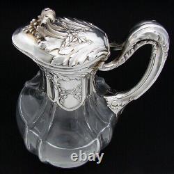 Antique French Sterling Silver & Glass 36oz Wine or Claret Jug, Laurel, Acanthus