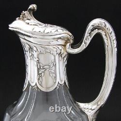 Antique French Sterling Silver & Glass 36oz Wine or Claret Jug, Laurel, Acanthus