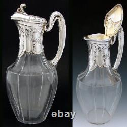 Antique French Sterling Silver & Glass 36oz Wine or Claret Jug, Laurel, Acanthus