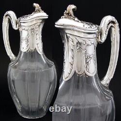 Antique French Sterling Silver & Glass 36oz Wine or Claret Jug, Laurel, Acanthus