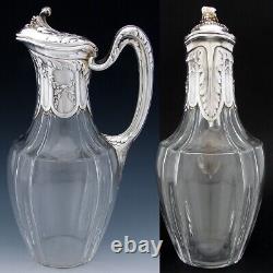 Antique French Sterling Silver & Glass 36oz Wine or Claret Jug, Laurel, Acanthus