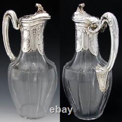 Antique French Sterling Silver & Glass 36oz Wine or Claret Jug, Laurel, Acanthus