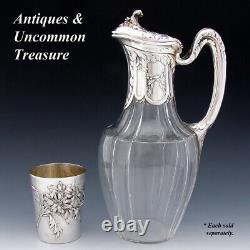 Antique French Sterling Silver & Glass 36oz Wine or Claret Jug, Laurel, Acanthus