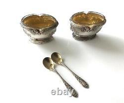 Antique French Sterling Silver Glass open Salt & Spoons 4/PS