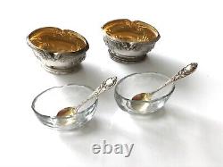 Antique French Sterling Silver Glass open Salt & Spoons 4/PS