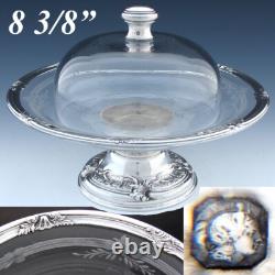 Antique French Sterling Silver & Intaglio Engraved Glass Covered Plateau, Dish