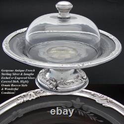 Antique French Sterling Silver & Intaglio Engraved Glass Covered Plateau, Dish