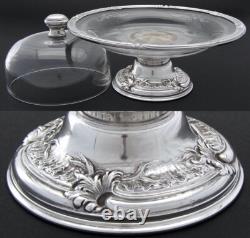 Antique French Sterling Silver & Intaglio Engraved Glass Covered Plateau, Dish