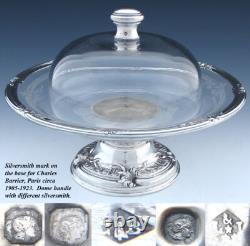 Antique French Sterling Silver & Intaglio Engraved Glass Covered Plateau, Dish