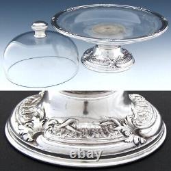 Antique French Sterling Silver & Intaglio Engraved Glass Covered Plateau, Dish