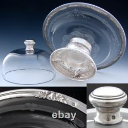Antique French Sterling Silver & Intaglio Engraved Glass Covered Plateau, Dish