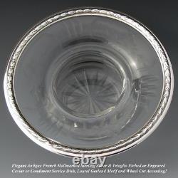 Antique French Sterling Silver & Intaglio Etched Glass Condiment or Caviar Dish