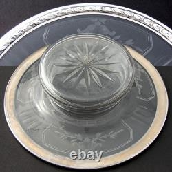 Antique French Sterling Silver & Intaglio Etched Glass Condiment or Caviar Dish