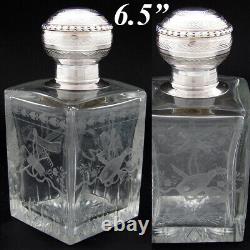 Antique French Sterling Silver & Intaglio Etched Glass Decanter, Cologne, Perfum