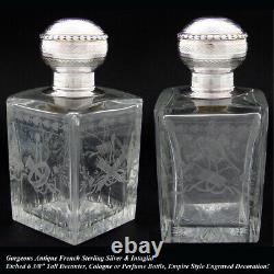 Antique French Sterling Silver & Intaglio Etched Glass Decanter, Cologne, Perfum