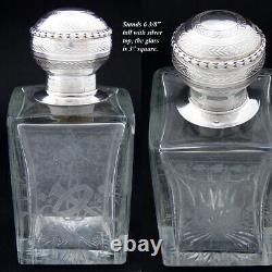 Antique French Sterling Silver & Intaglio Etched Glass Decanter, Cologne, Perfum