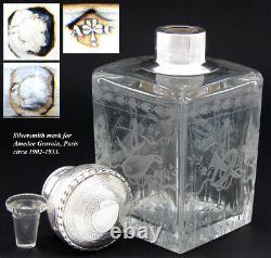 Antique French Sterling Silver & Intaglio Etched Glass Decanter, Cologne, Perfum