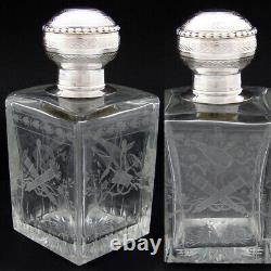 Antique French Sterling Silver & Intaglio Etched Glass Decanter, Cologne, Perfum