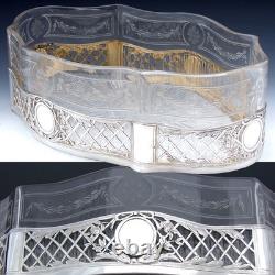 Antique French Sterling Silver & Intaglio Glass 12.5 Jardiniere or Centerpiece