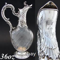 Antique French Sterling Silver & Spiral Glass Claret Jug, Carafe, Crown Monogram