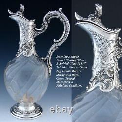 Antique French Sterling Silver & Spiral Glass Claret Jug, Carafe, Crown Monogram