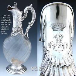 Antique French Sterling Silver & Spiral Glass Claret Jug, Carafe, Crown Monogram