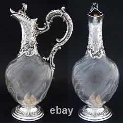 Antique French Sterling Silver & Spiral Glass Claret Jug, Carafe, Crown Monogram